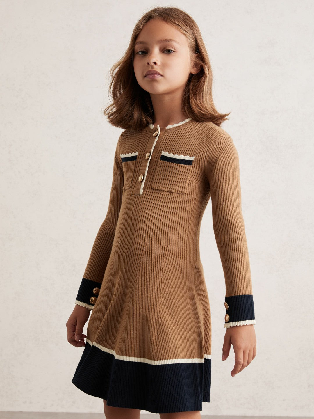 3-9 yrs Scallop-Trim Rib-Knit Dress in Camel | Reiss Children & Baby Signature