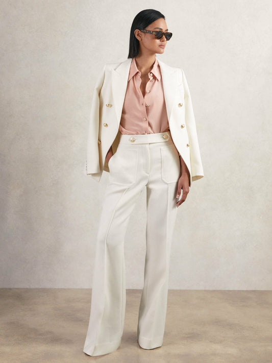 Twill Button-Tab Flared Trousers With Wool in White | Reiss Women Signature