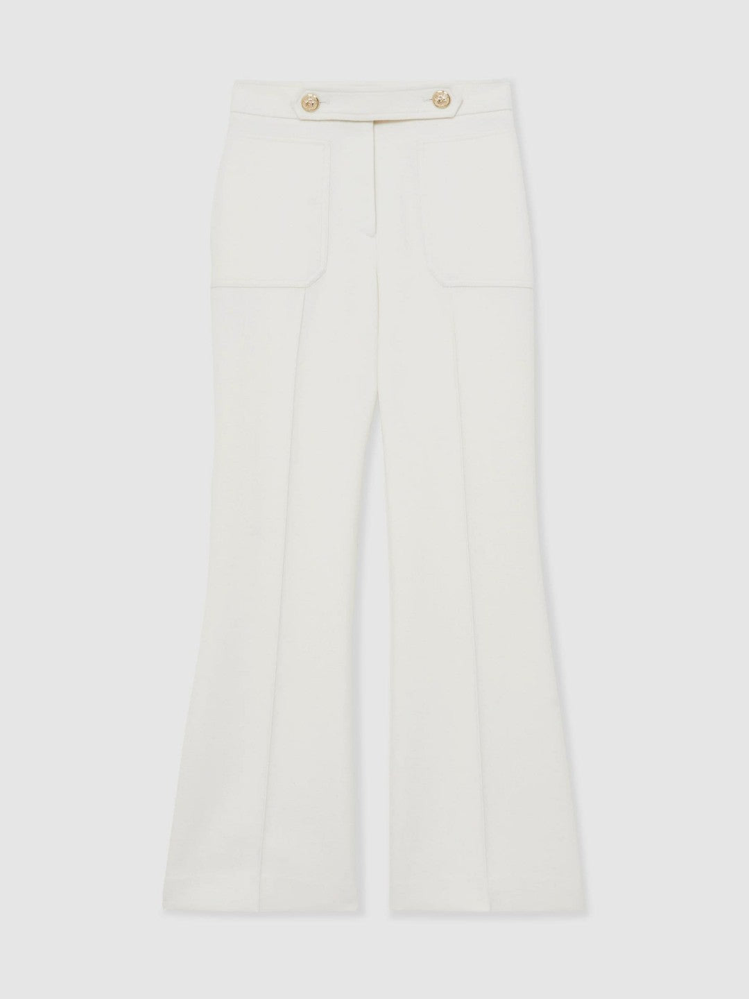 Twill Button-Tab Flared Trousers With Wool in White | Reiss Women Signature