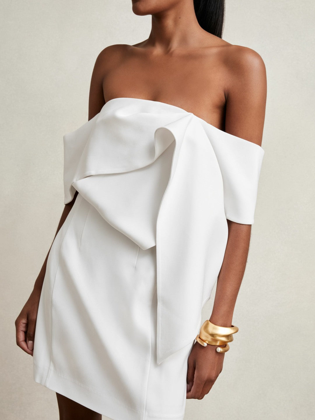 Sculptural Off-Shoulder Mini Dress in Ivory | Reiss Women Exclusive