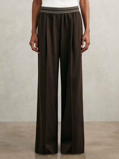 Petite Wide-Leg Contrast-Waistband Trousers in Chocolate Brown | Reiss Women New