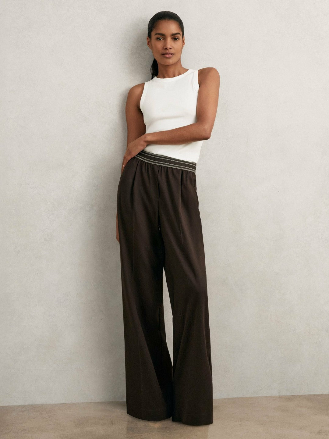 Wide-Leg Contrast-Waistband Trousers in Chocolate Brown | Reiss Women Signature