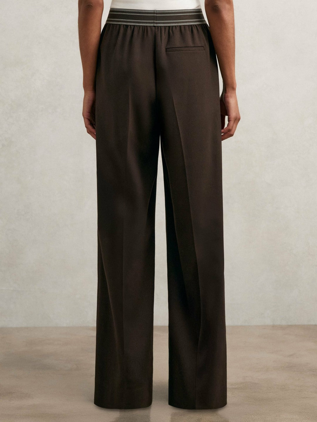 Wide-Leg Contrast-Waistband Trousers in Chocolate Brown | Reiss Women Signature