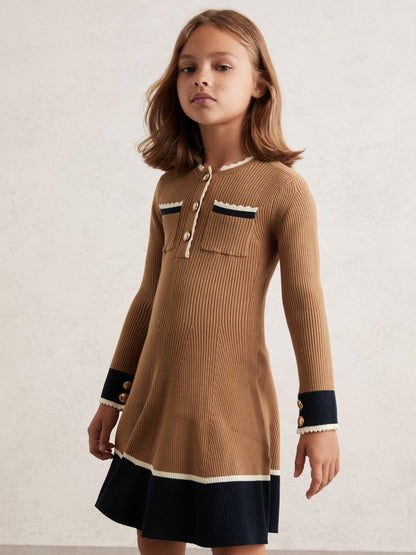 9-13 yrs Scallop-Trim Rib-Knit Dress in Camel | Reiss Children & Baby Best Seller