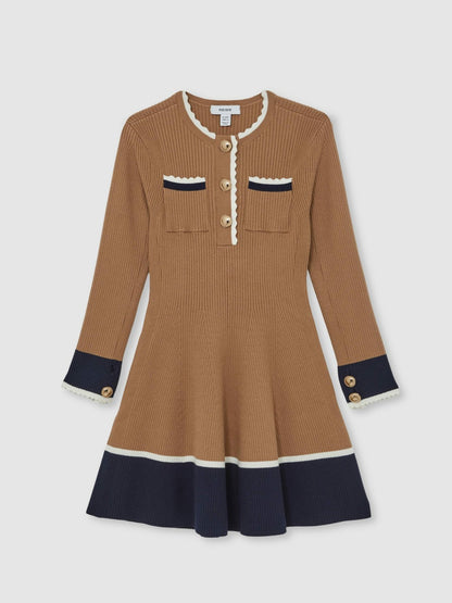 9-13 yrs Scallop-Trim Rib-Knit Dress in Camel | Reiss Children & Baby Best Seller