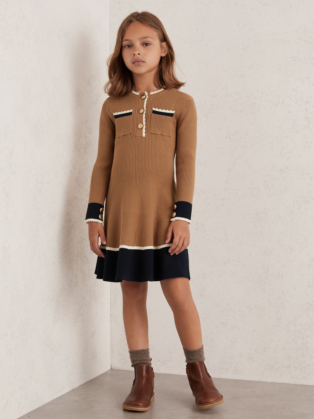 9-13 yrs Scallop-Trim Rib-Knit Dress in Camel | Reiss Children & Baby Best Seller