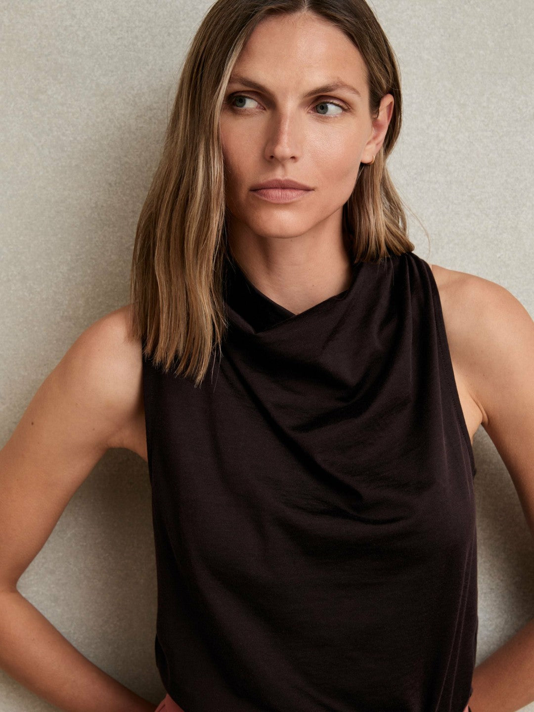Cotton-Blend Cowl-Neck Sleeveless Top in Plum Purple | Reiss Women Premium