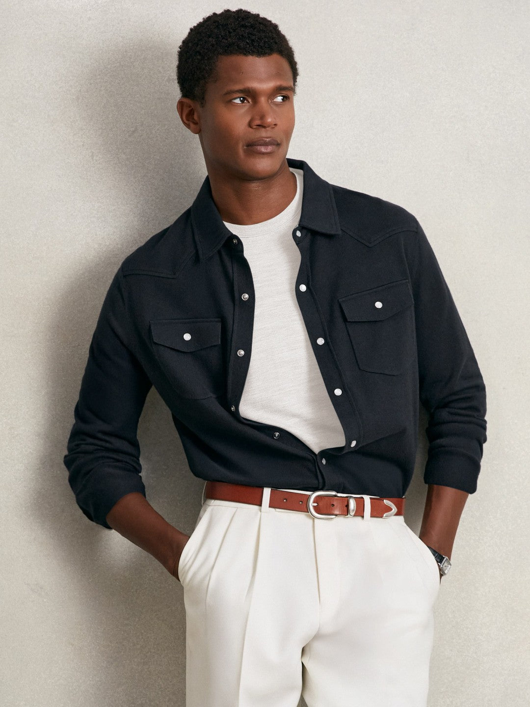 Cotton-Cashmere Western Knitted Shirt in Navy | Reiss Men Popular