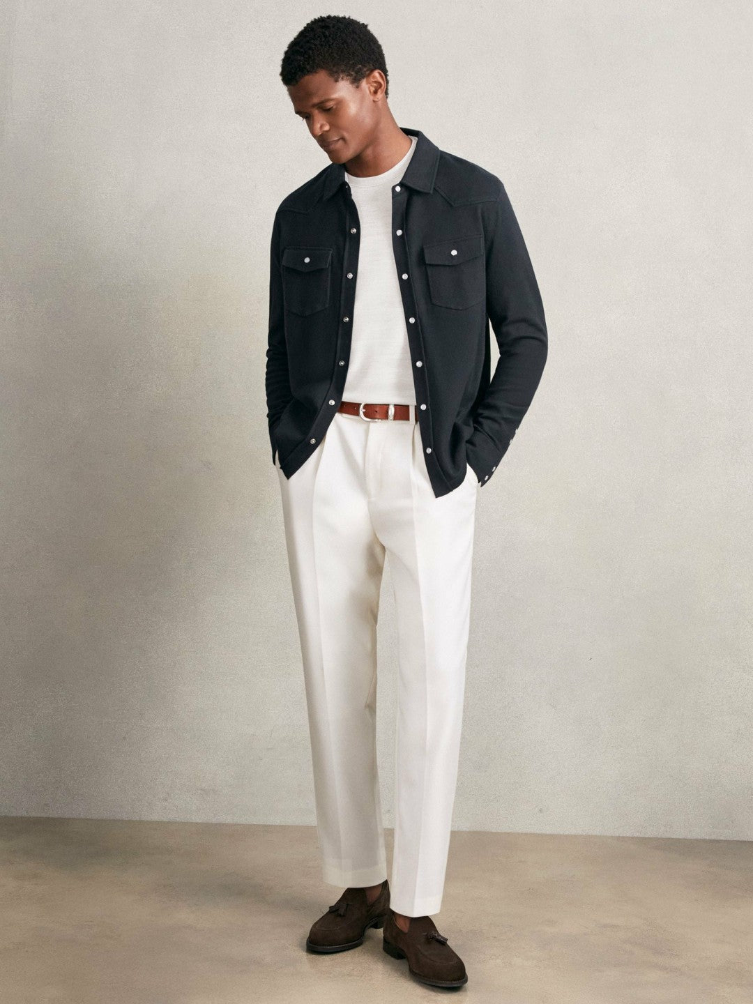 Cotton-Cashmere Western Knitted Shirt in Navy | Reiss Men Popular