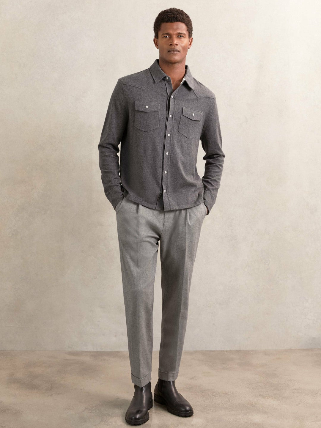 Cotton-Cashmere Western Knitted Shirt in Charcoal Grey | Reiss Men Exclusive