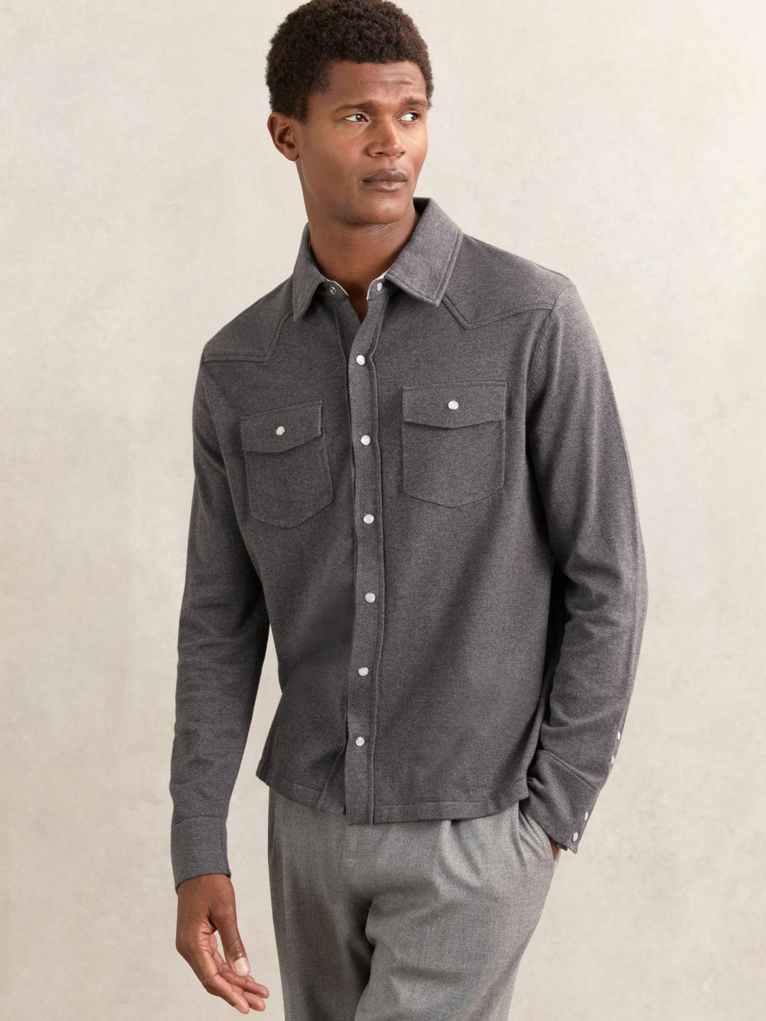 Cotton-Cashmere Western Knitted Shirt in Charcoal Grey | Reiss Men Exclusive