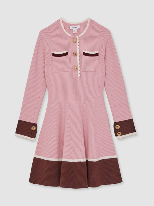 13-14 yrs Scallop-Trim Rib-Knit Dress in Pink | Reiss Children & Baby Exclusive