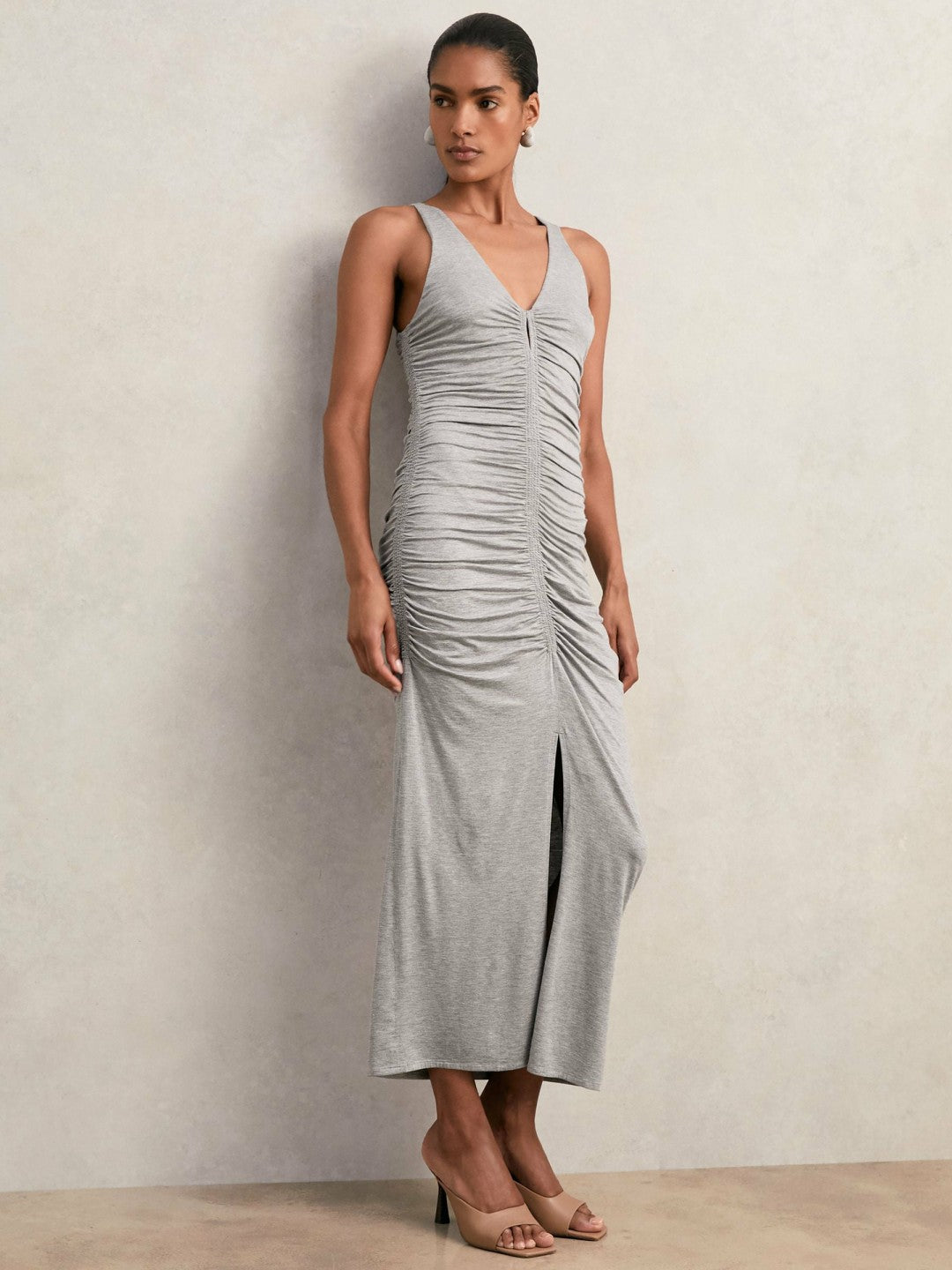 Stretch-Modal Ruched Jersey Dress in Grey | Reiss Women Featured