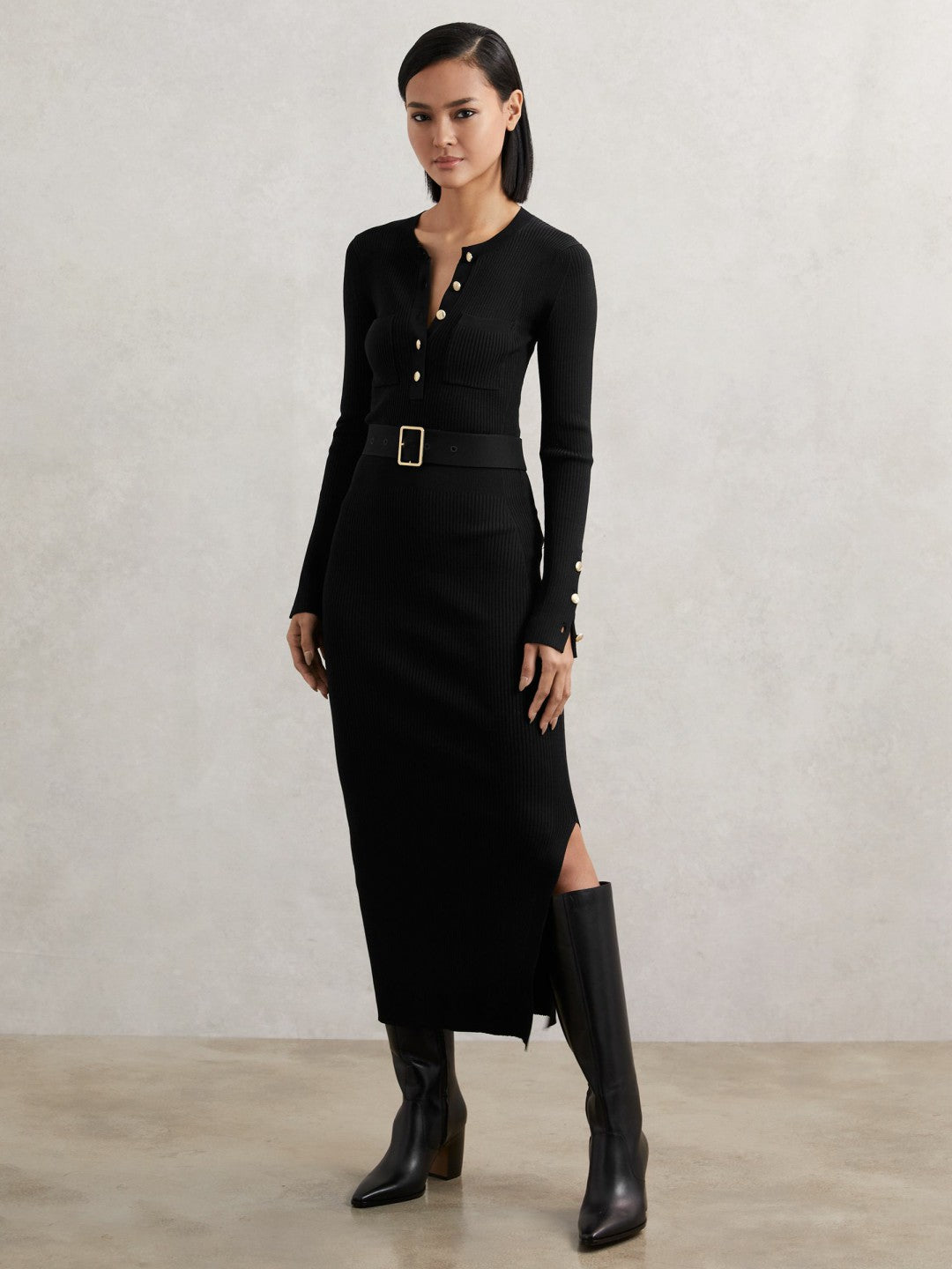 Buttoned Rib-Knit Midi Dress in Black | Reiss Women New