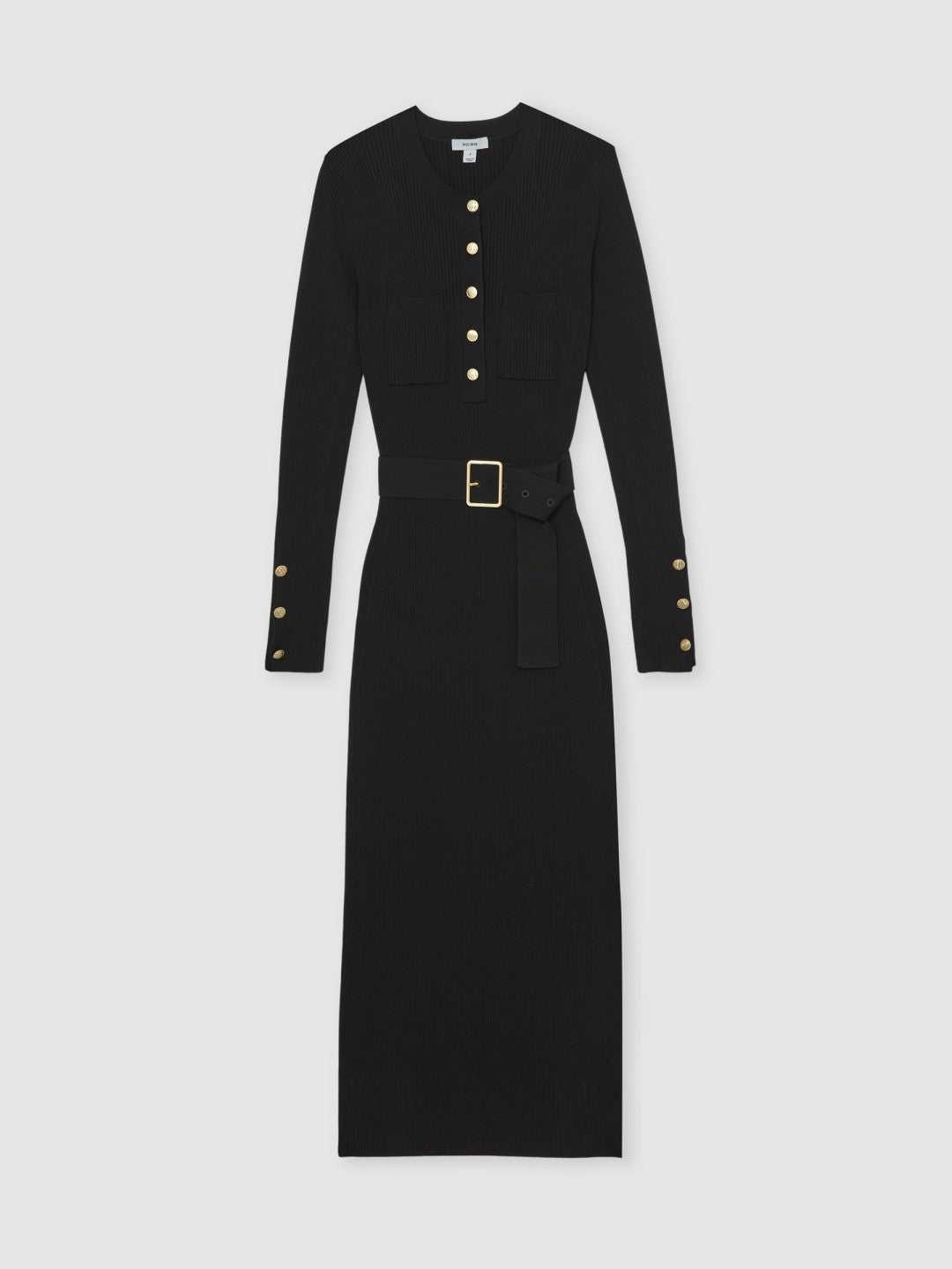 Buttoned Rib-Knit Midi Dress in Black | Reiss Women New