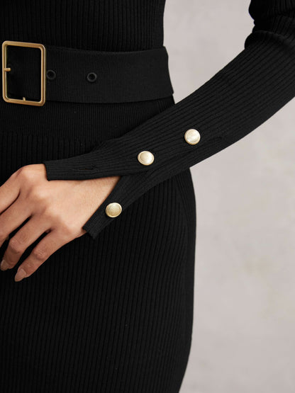 Buttoned Rib-Knit Midi Dress in Black | Reiss Women New
