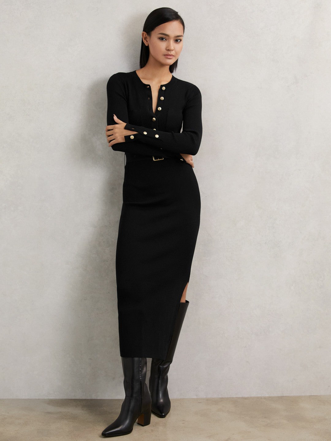 Buttoned Rib-Knit Midi Dress in Black | Reiss Women New