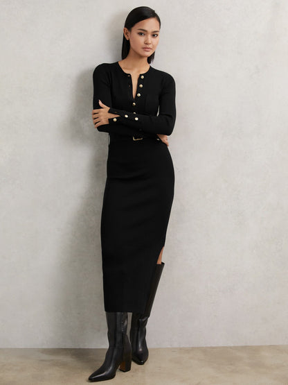 Buttoned Rib-Knit Midi Dress in Black | Reiss Women New