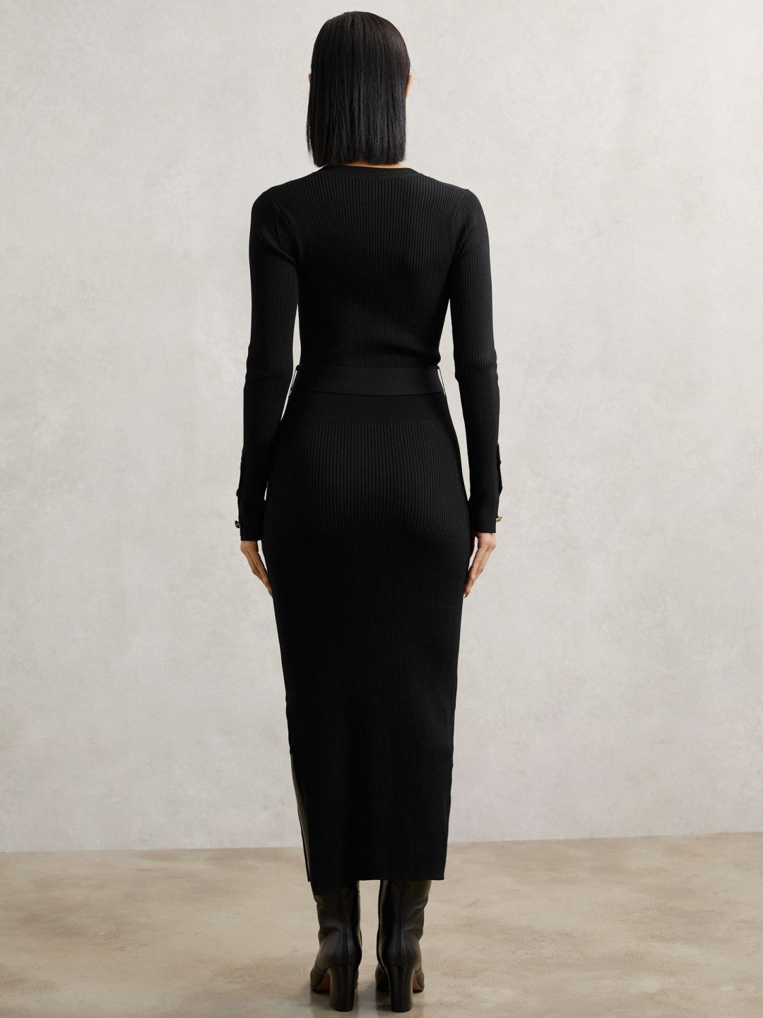Buttoned Rib-Knit Midi Dress in Black | Reiss Women New