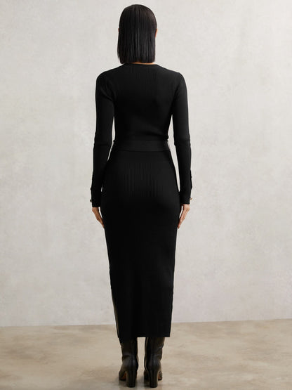 Buttoned Rib-Knit Midi Dress in Black | Reiss Women New