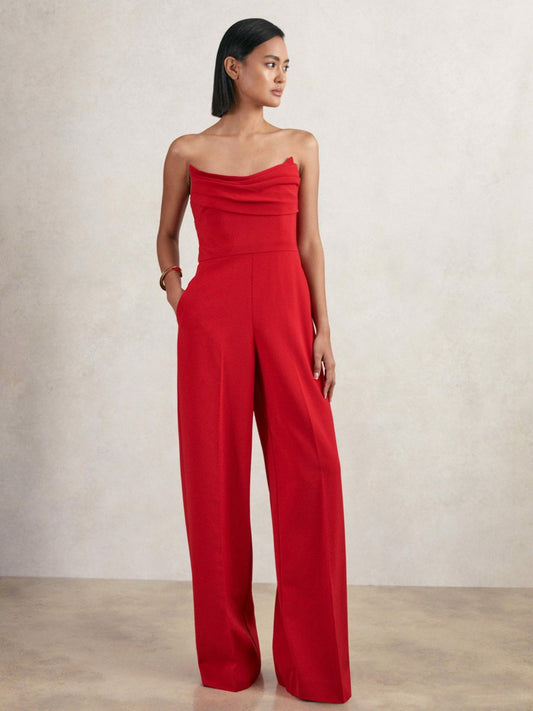 Structured Strapless Wide-Leg Jumpsuit in Red | Reiss Women Featured