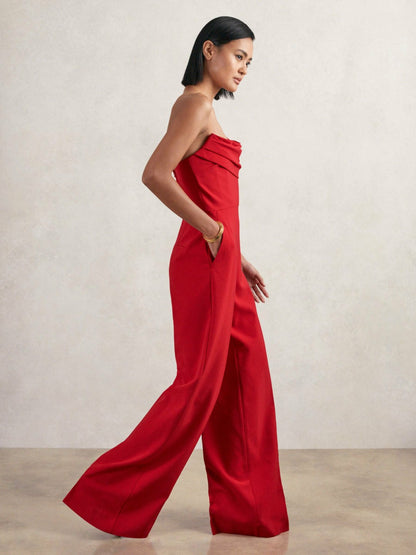 Structured Strapless Wide-Leg Jumpsuit in Red | Reiss Women Featured