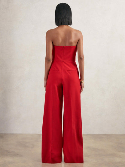 Structured Strapless Wide-Leg Jumpsuit in Red | Reiss Women Featured
