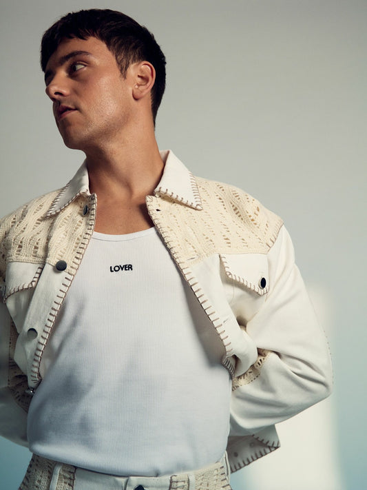 | Tom Daley Crochet Denim Jacket in Off White | Reiss Men Best Seller