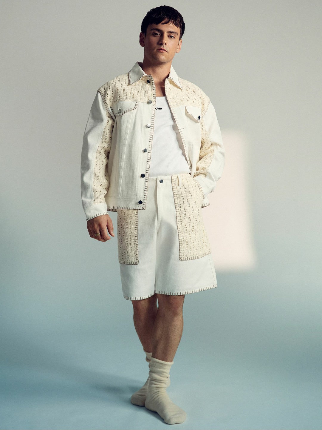 | Tom Daley Crochet Denim Jacket in Off White | Reiss Men Best Seller
