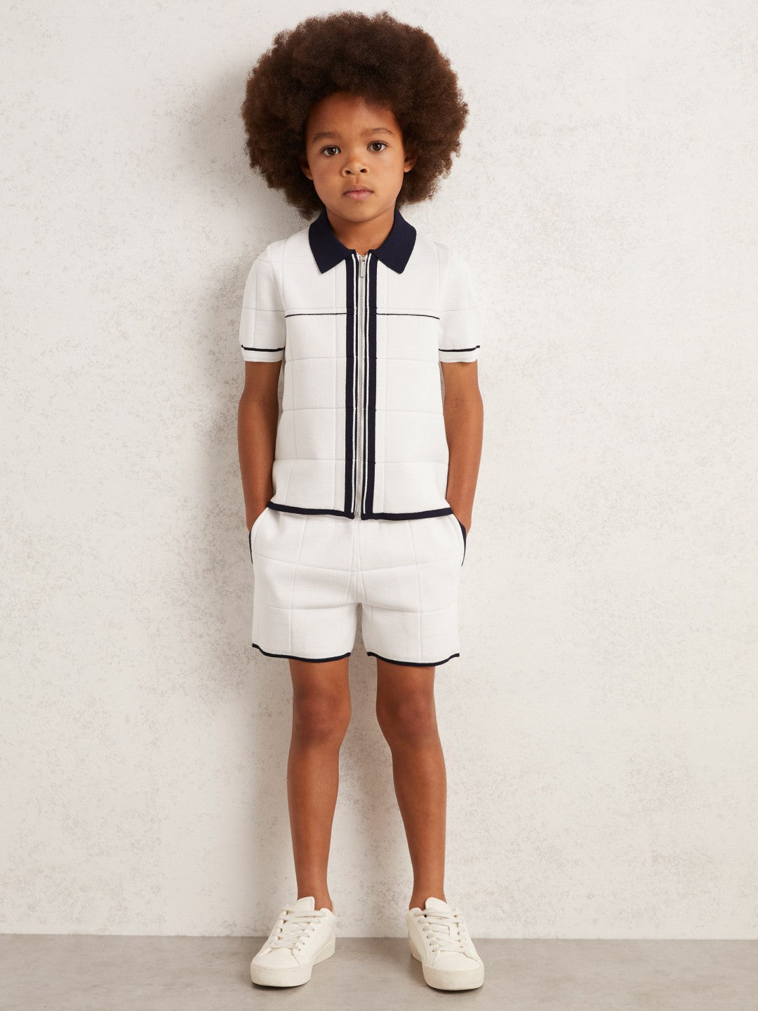 Tipped Knit Stitch-Detail Shorts in White/Navy | Reiss Children & Baby Premium