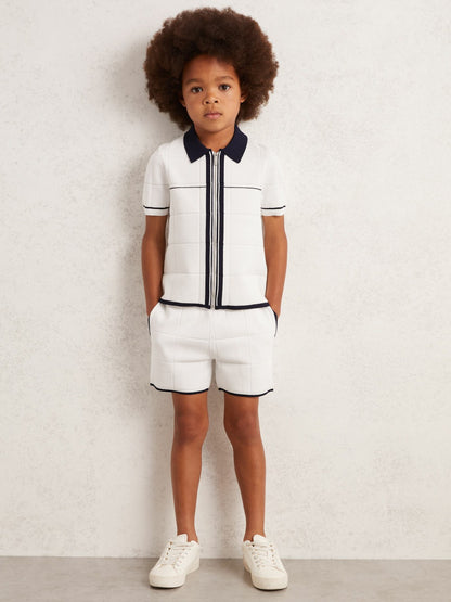 Tipped Knit Stitch-Detail Shorts in White/Navy | Reiss Children & Baby Premium