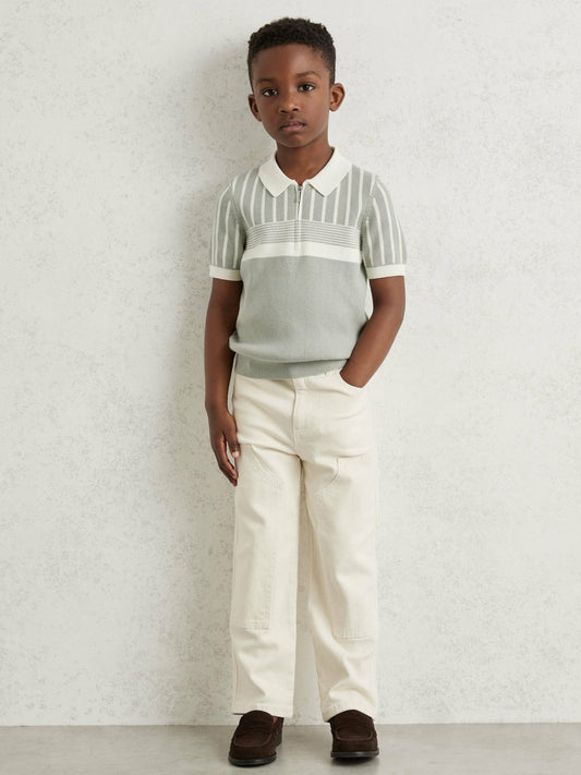3-9 yrs Cotton Stripe Knit Half-Zip Polo Shirt in Sage Green/Off White | Reiss Children & Baby Featured