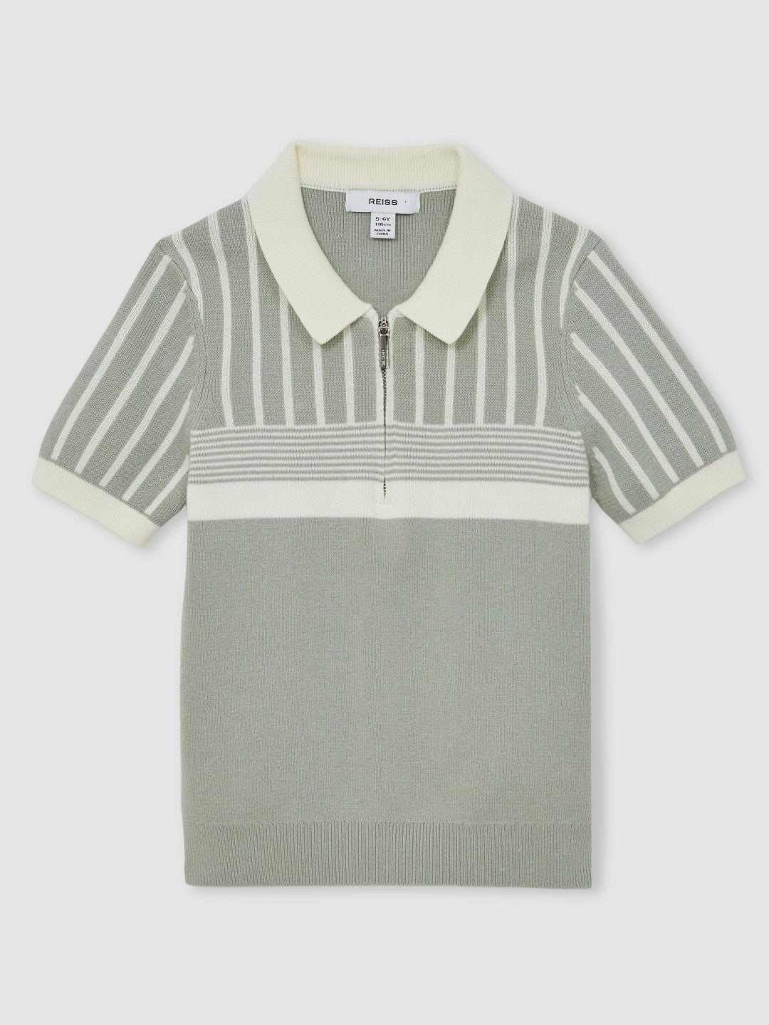 3-9 yrs Cotton Stripe Knit Half-Zip Polo Shirt in Sage Green/Off White | Reiss Children & Baby Featured