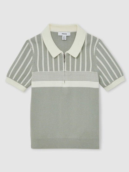 3-9 yrs Cotton Stripe Knit Half-Zip Polo Shirt in Sage Green/Off White | Reiss Children & Baby Featured