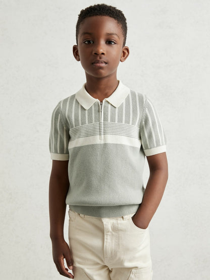 3-9 yrs Cotton Stripe Knit Half-Zip Polo Shirt in Sage Green/Off White | Reiss Children & Baby Featured