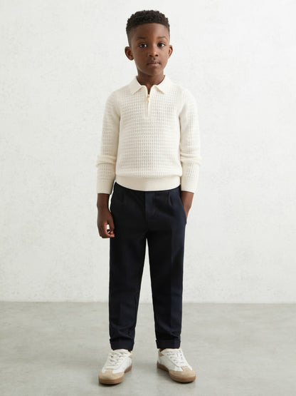 9-13 yrs Wool Waffle-Knit Half-Zip Polo Shirt in Off White | Reiss Children & Baby Exclusive