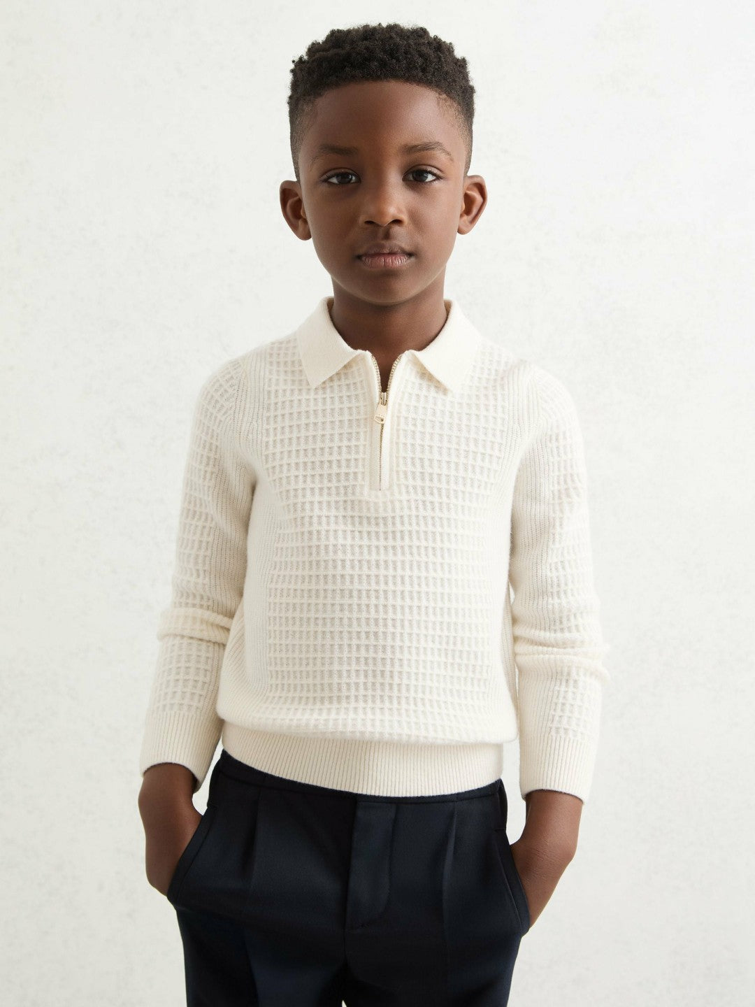 9-13 yrs Wool Waffle-Knit Half-Zip Polo Shirt in Off White | Reiss Children & Baby Exclusive