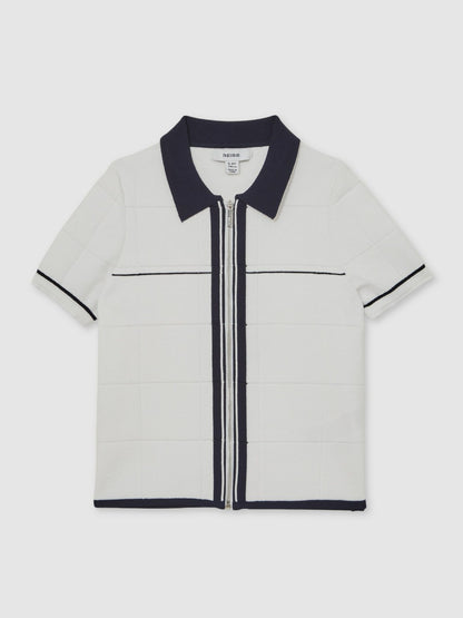 13-14 yrs Tipped Knit Zip-Through Shirt in White/Navy | Reiss Children & Baby Featured