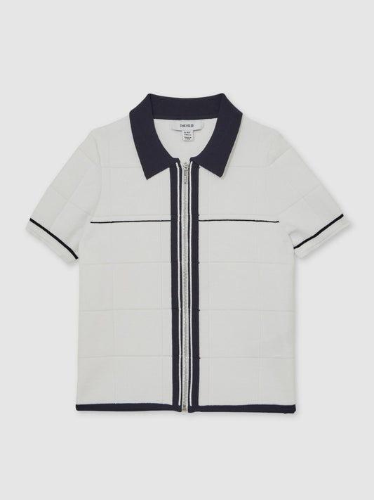 13-14 yrs Tipped Knit Zip-Through Shirt in White/Navy | Reiss Children & Baby Featured