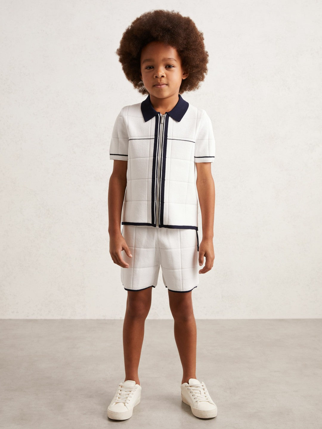 13-14 yrs Tipped Knit Zip-Through Shirt in White/Navy | Reiss Children & Baby Featured