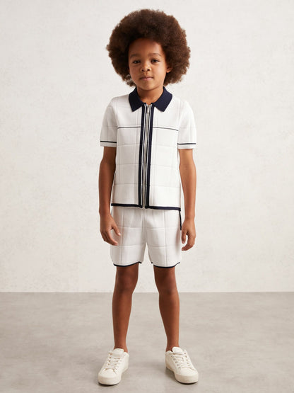 13-14 yrs Tipped Knit Zip-Through Shirt in White/Navy | Reiss Children & Baby Featured