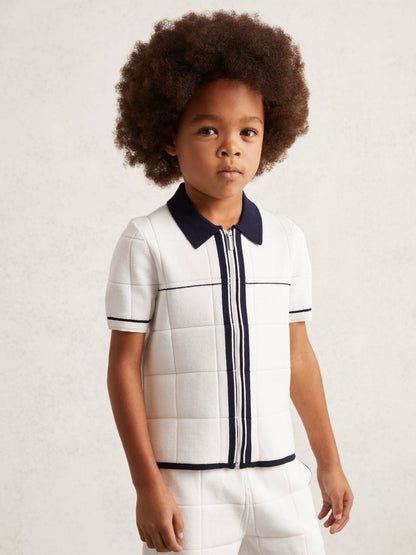 3-9 yrs Tipped Knit Zip-Through Shirt in White/Navy | Reiss Children & Baby Featured
