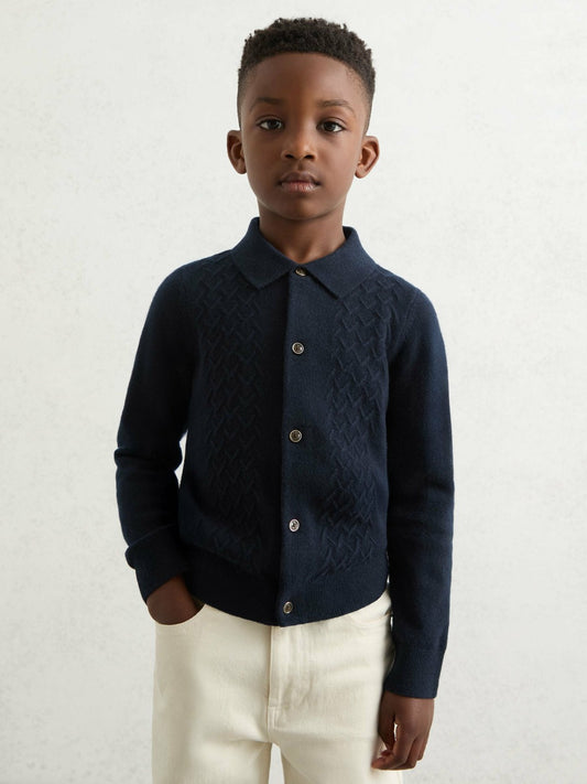 3-9 yrs Wool V-Stitch Button-Through Cardigan in Navy Blue | Reiss Children & Baby Featured