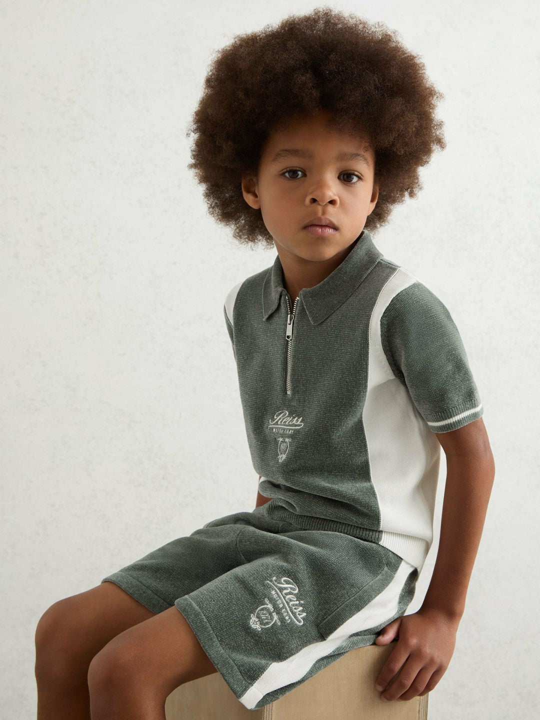 9-13 yrs Chenille Tipped Motor Cars Shorts in Dark Sage Green/White | Reiss Children & Baby Signature