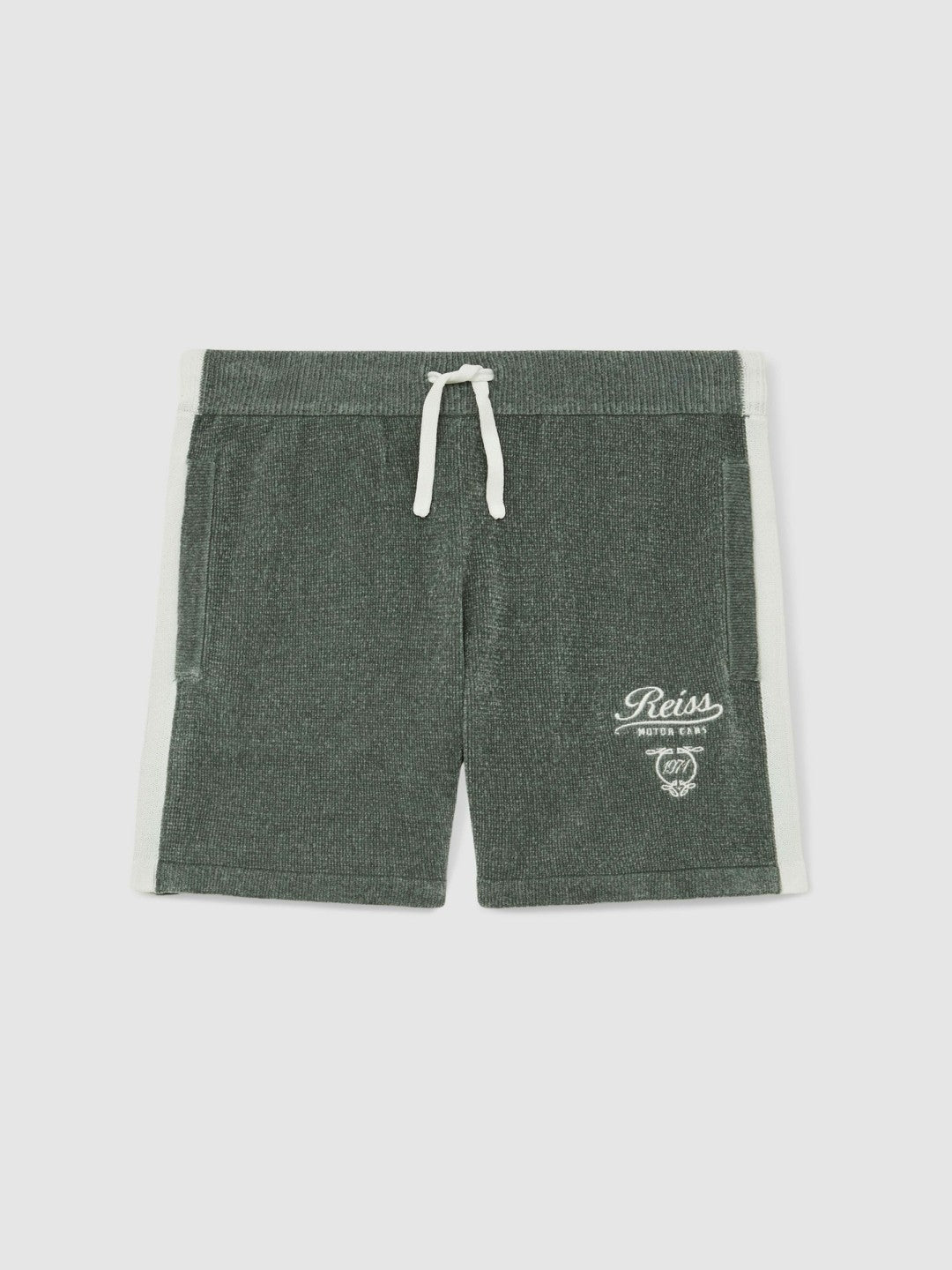 9-13 yrs Chenille Tipped Motor Cars Shorts in Dark Sage Green/White | Reiss Children & Baby Signature