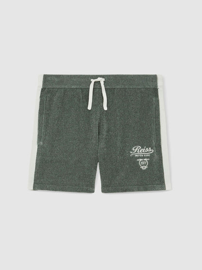 9-13 yrs Chenille Tipped Motor Cars Shorts in Dark Sage Green/White | Reiss Children & Baby Signature