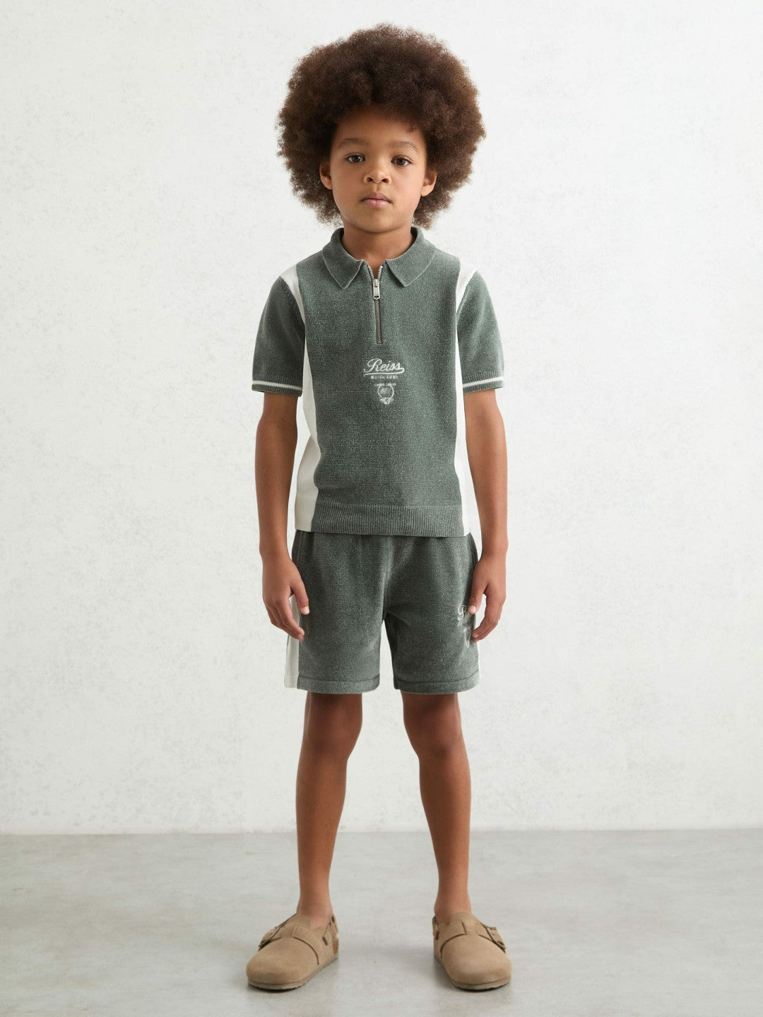 9-13 yrs Chenille Tipped Motor Cars Shorts in Dark Sage Green/White | Reiss Children & Baby Signature