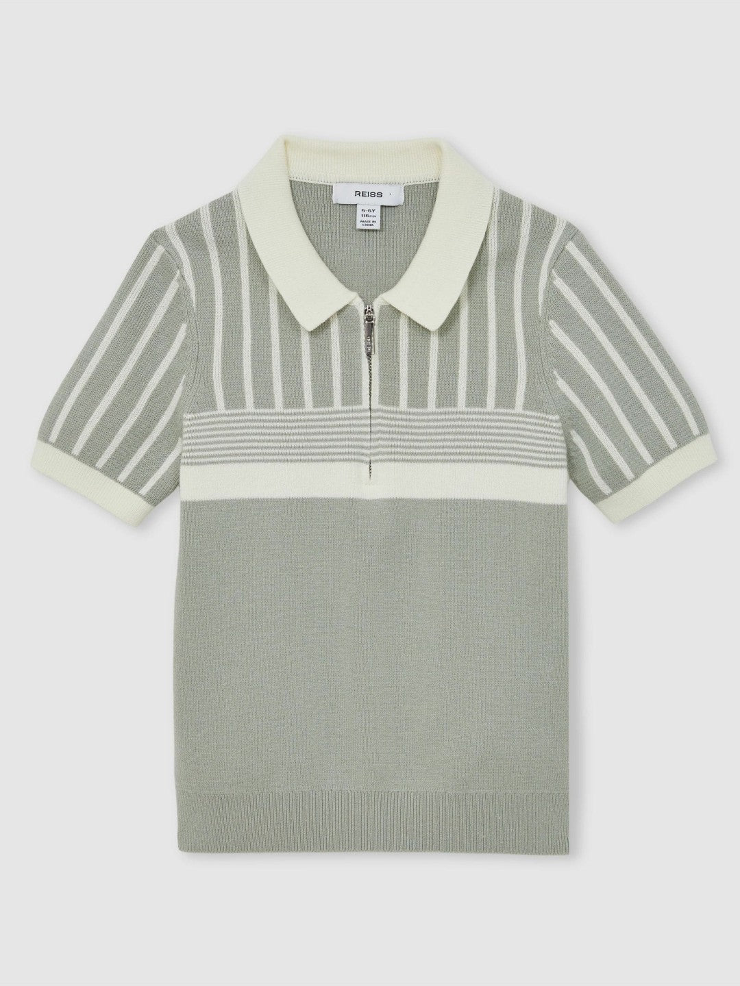 13-14 yrs Cotton Stripe Knit Half-Zip Polo Shirt in Sage Green/Off White | Reiss Children & Baby Trending