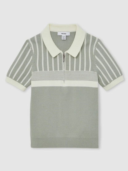 13-14 yrs Cotton Stripe Knit Half-Zip Polo Shirt in Sage Green/Off White | Reiss Children & Baby Trending