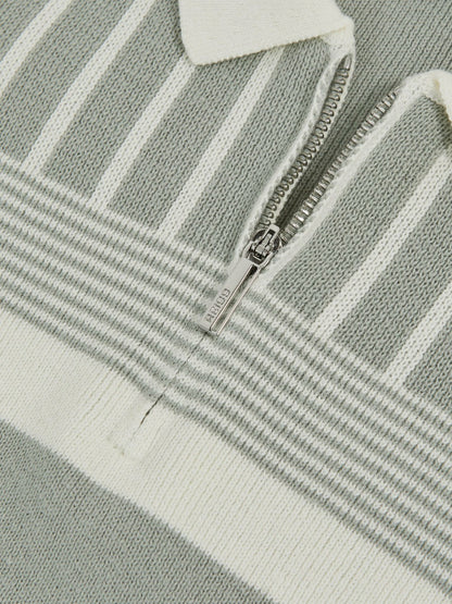 13-14 yrs Cotton Stripe Knit Half-Zip Polo Shirt in Sage Green/Off White | Reiss Children & Baby Trending